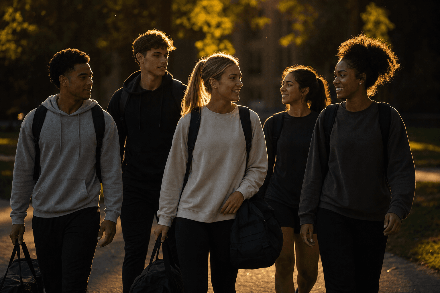 Student-athletes walking across campus at golden hour