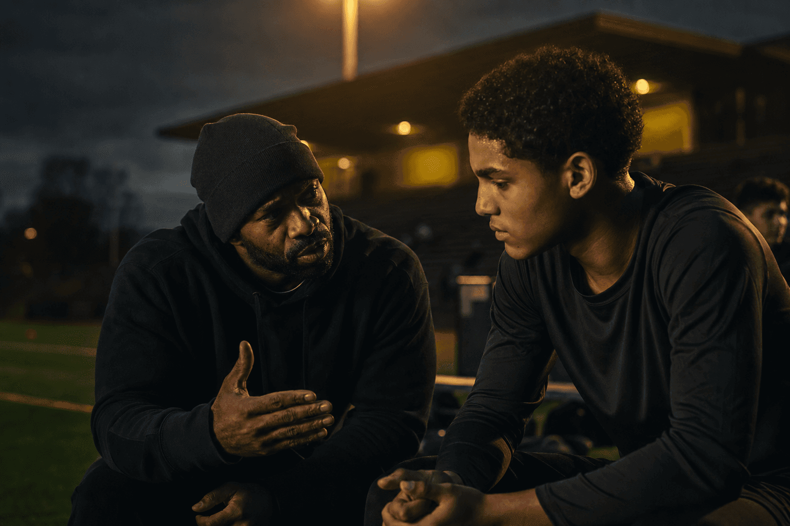 A coach mentoring a student-athlete on the sideline at dusk