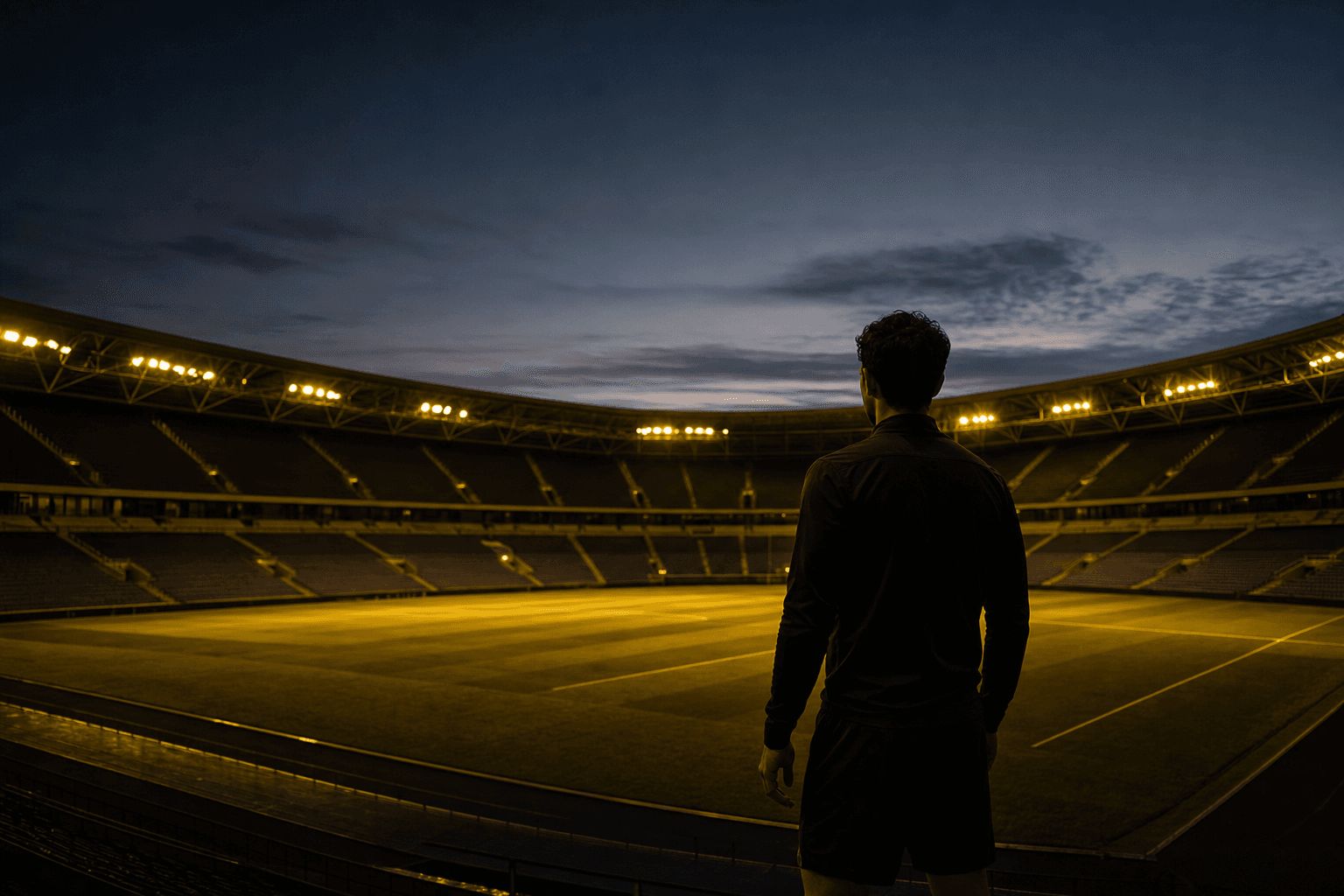 An empty stadium at dusk as the floodlights come on